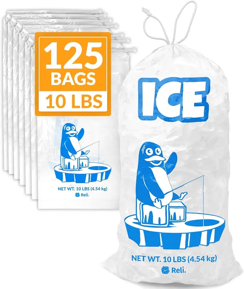 Reli. Plastic Ice Bags 10 lb (125 Pack) Cotton Drawstring | 12"x21" Reusable Heavy Duty Bags for Ice Machine, Freezer Storage | Clear, Freezer Safe (1.5 Mil)
