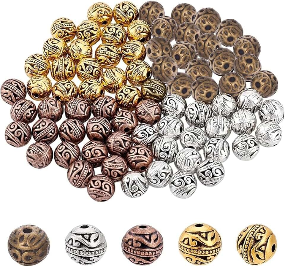 PH PandaHall 80 Stück 4 Farben Runde Abstandsperlen 8mm Armband Abstandshalter Im Tibetischen Stil Metall Bastelperlen Lose Perlen Zur Schmuckherstellung Loch: 1.5mm