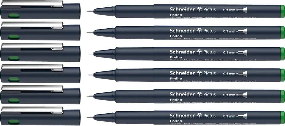 Schneider Pictus Fineliner (Strichstärke 0,1 mm, dokumentenechte Pigmentliner, metallgefasste Spitze, Gehäuse aus 85% recyceltem Kunststoff) 6er Pack, grün