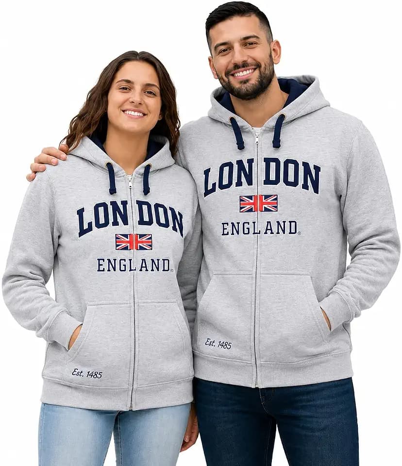 LE129ZGN Unisex London England Zip Hoodie Kapuzen-Sweatshirt Grau Navy XS-2XL