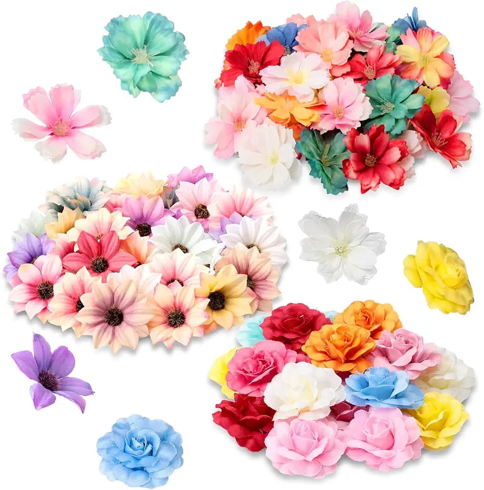 Hoteam 100 Pcs Assorted Flower Heads Decorative Artificial Fake Heads Small Faux Floral Crafts DIY Mini Daisy Rose Plum for Wedding Cake Mother's Day Party Wreath Home Spring (Bright)