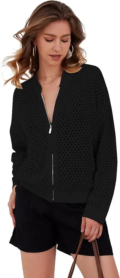HOCANDY Womens Zip Up Crochet Cardigan Sweater Oversized Long Sleeve Hollow Out Knit Bomber Jacket Fishnet Sweaters