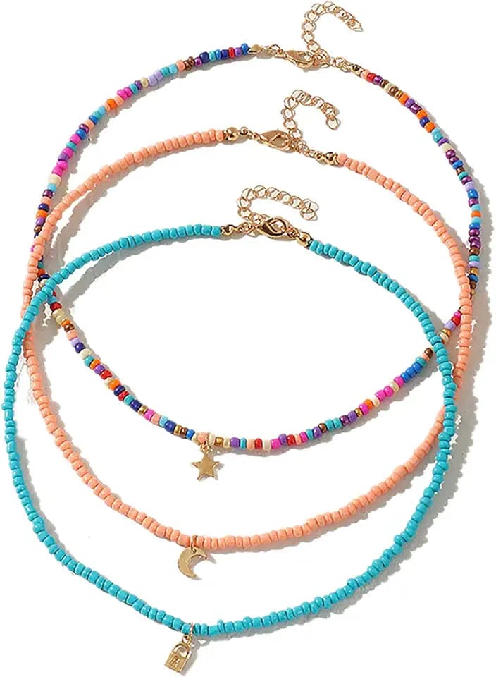 Caiyao Handmade Multilayered Rainbow Colorful Beads Link Chain Moon Star Butterfly Pendant Choker Necklace Friendship Creative Beach Costume Jewelry for Women