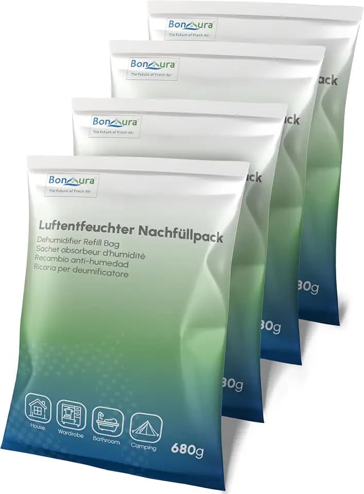 BonAura® AirOne Luftentfeuchter Nachfüllpack I 4er Set 680g Luftentfeuchter Granulat I Entfeuchter Nachfüllpack für Wohnräume I Schutz gegen Schimmel & Gerüche