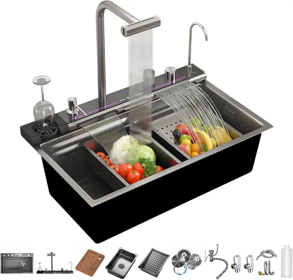 Smart Kitchen Sink 304 Stainless Steel Honeycomb Single Bowl Kitchen Sinks，Digital Display Double Waterfall Sink，With Pull-out Swivel Faucet，With Pressurized Cup Washer (31.5 x 18.1 inch)