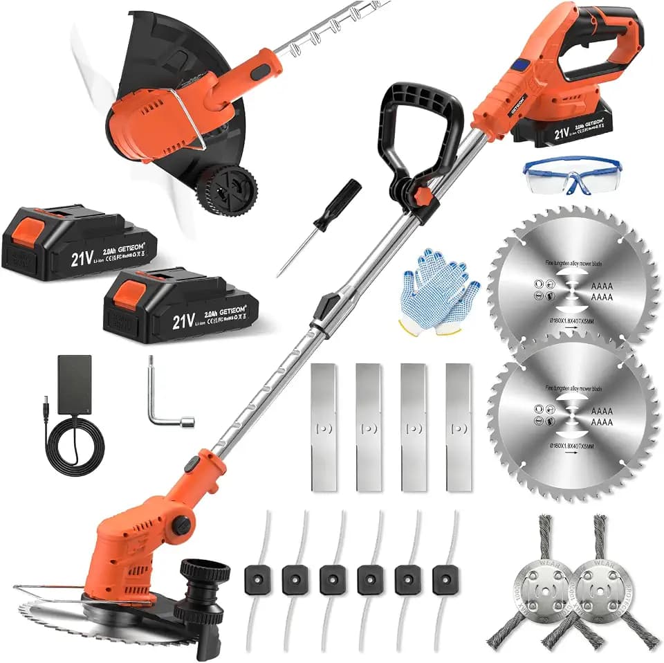 Rasentrimmer Akku 21V, 4-in-1 Freischneider mit 850W Motor und LCD-Anzeige, inkl. Stahlbürste und 8" Messer, nur 75dB leiser Betrieb für Garten & Moosentfernung