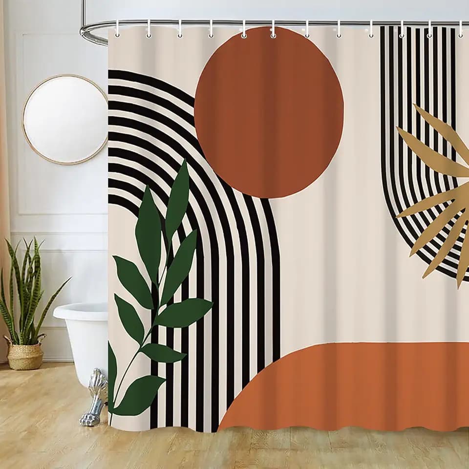 Mid Century Boho Shower Curtain, Abstract Minimalist Sunrise Fabric Shower Curtain Set Orange Waterproof Polyester Morden Abstract Leaves and Arch Bathroom Curtain Set with Hooks, 72x72 Inch