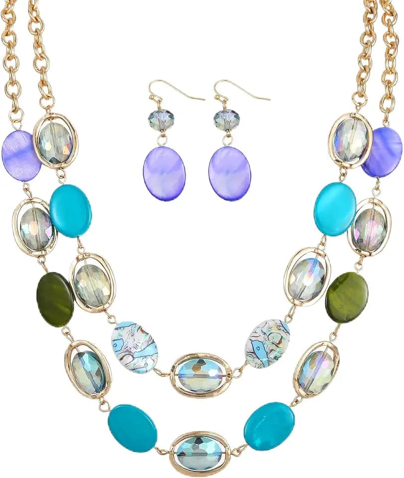 2 Layered Chunky Beaded Shell Necklace for Women Sea Shell blue/yellow/red/green/turquoise/teal/white Statement Necklace and Earring Set Elegant Women Necklace Set Jewelry Sets for Women
