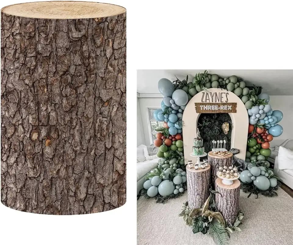 Vintage Wooden Pedestal Covers for Birthday Party Decoration Wood Grainy Texture Plinth Cover Printed Fabric Cylinder Cover Wedding Bridal Shower Baby Shower Baptism Communion Props Dia56 H57