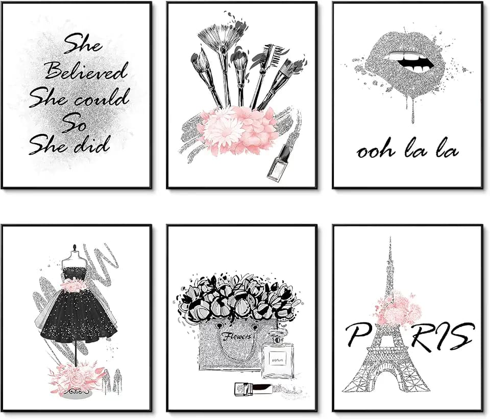 HoozGee Silver Gray Fashion Wall Art Girl Room Decor Makeup Room Artwork Prints Set of 6 Paris Perfume Flower Lipstick Canvas Art Posters Wall Decor for Bedroom (11"x14" UNFRAMED, Gray Pink)