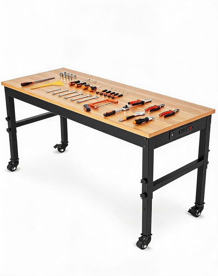 60 Inch Adjustable Workbench w/Lockable Wheels, 2500 LB Load Capacity