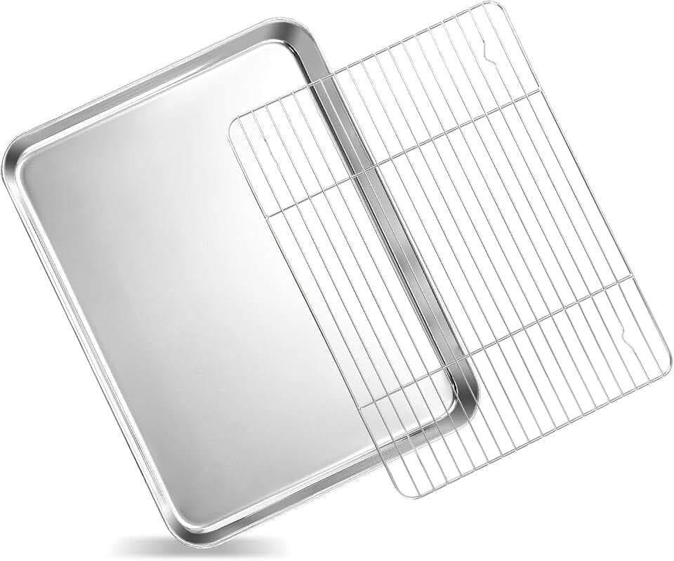 VINATO Edelstahl Backblech mit Gitter Set 40,5×30,5×2,5 cm – Backform Rechteckig & Backofenblech aus 304er Stahl, Tiefes Backblech mit Hohem Rand