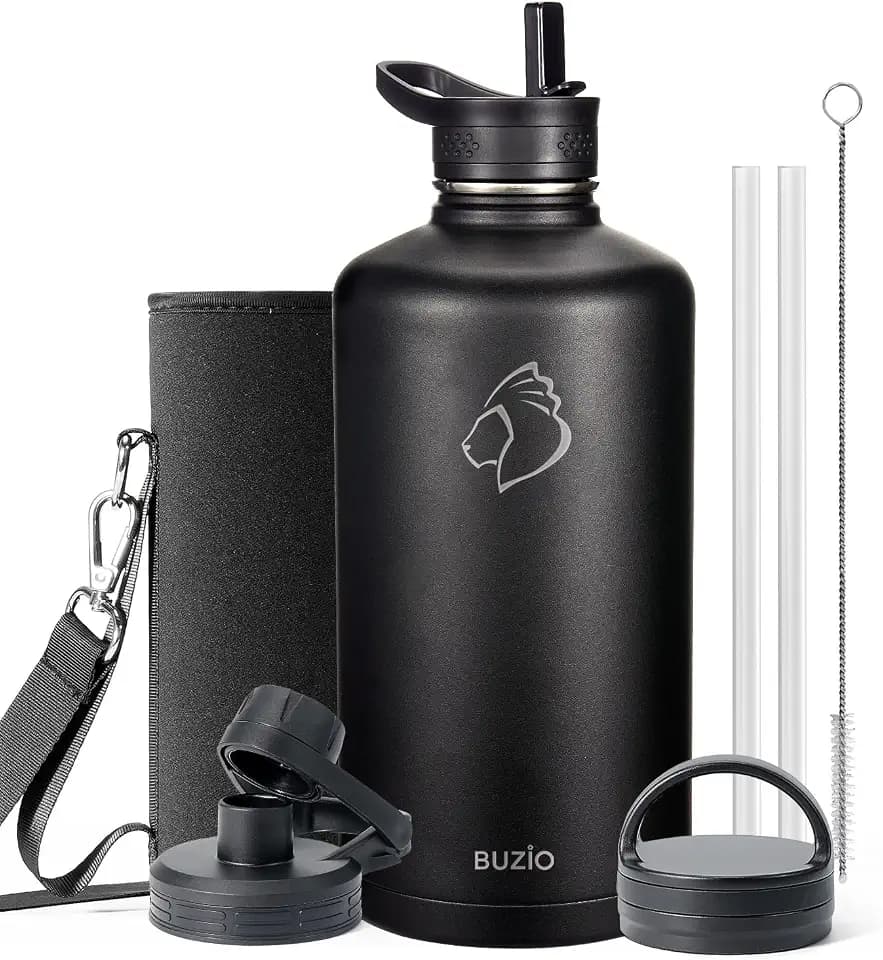 BUZIO 1 Gallon Water Bottle Insulated with Straw & 3 Lids, Cold for 48 Hrs