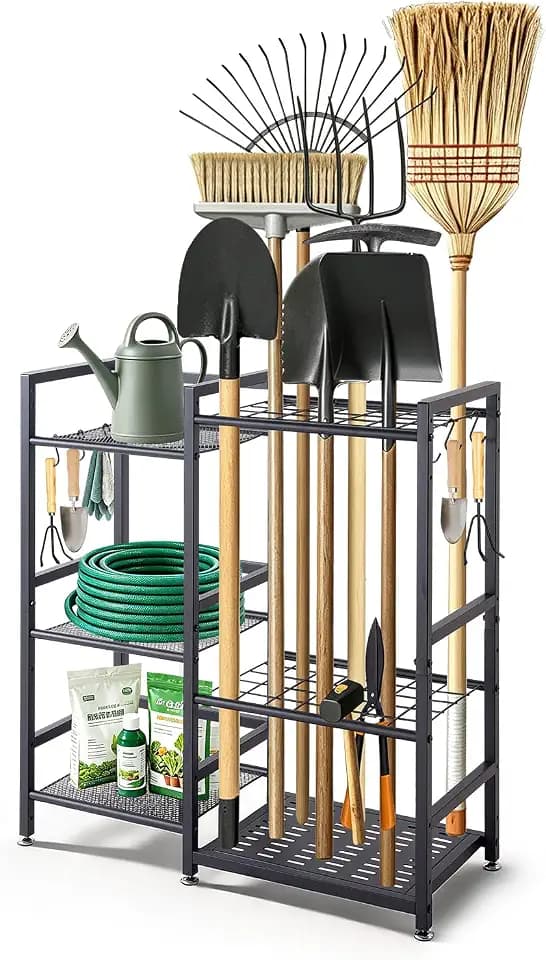 VEVOR Garden Tool Organizer with Guard Rail, 3-Tier Metal Storage Rack