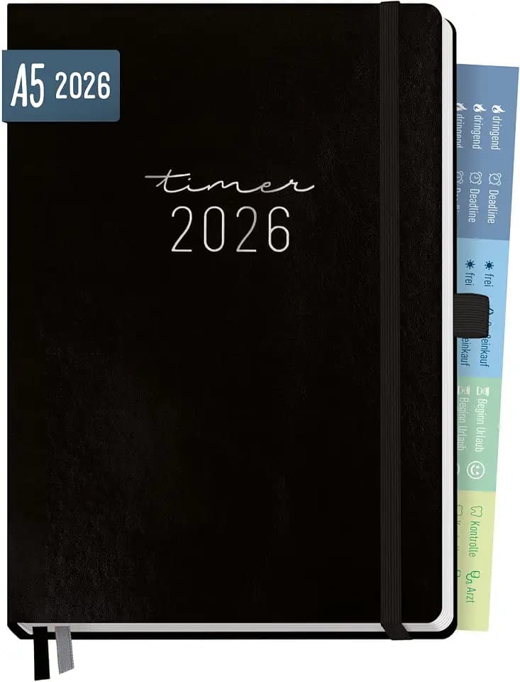 Häfft® Chäff-Timer Premium Kalender 2026 A5 “Schwarz” Buchkalender, Terminplaner, Terminkalender, Wochenplaner, Wochenkalender 12 Monate: Jan 26 bis Dez 26 - nachhaltig & klimafreundlich
