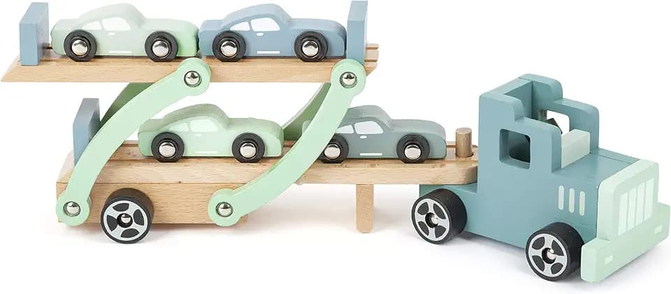 small foot Autotransporter Chicago aus Holz, mit beweglicher Laderampe, abnehmbarem Anhänger und 4 Autos, 11510