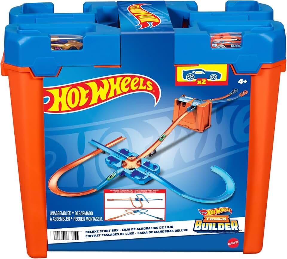 Hot Wheels Bahn Track Builder, Autorennbahn Bauset für Hot Wheels Autos, inkl. 2 Spielzeugautos, Spurwechsler, steile Kurven, Crashzone, Auto Spielzeug, Spielzeug ab 4 Jahre, GGP93