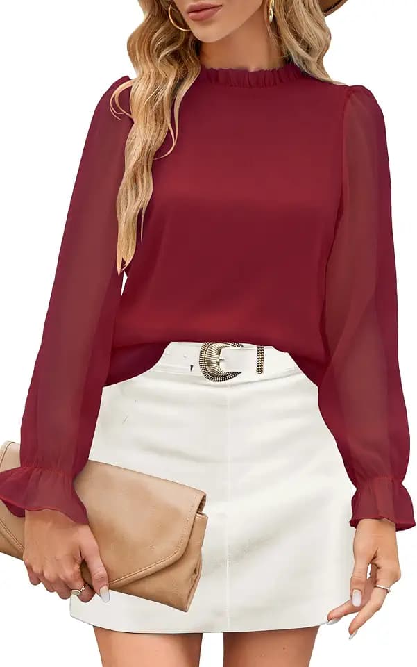 Odosalii Damen Bluse Rüschen Stehkragen Oberteile Elegant Langarm Shirt