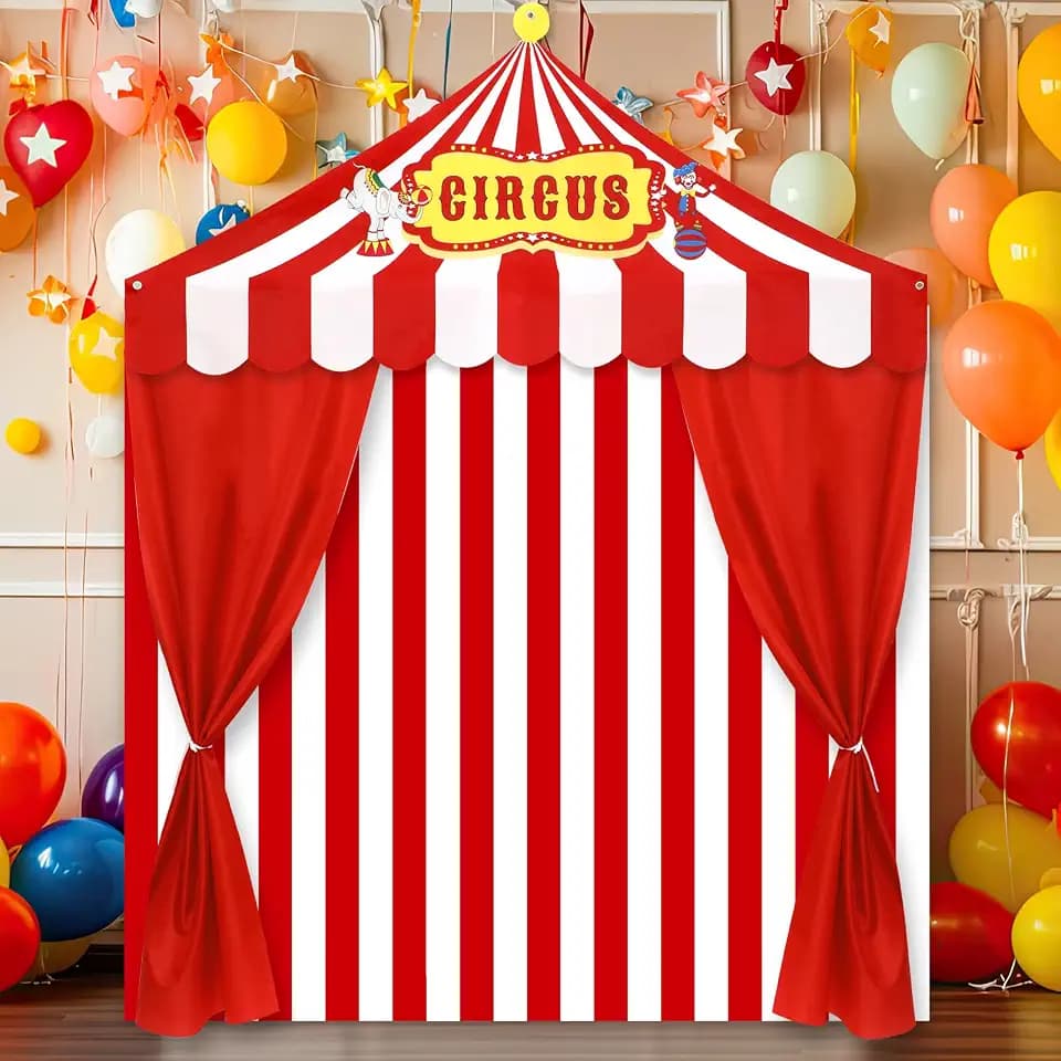 4Pcs Carnival Circus Party Decorations Backdrops Red and White Striped Awning Backdrop Curtains Halloween Clown Theme Tent Background for Halloween Carnival Circus Photo Props Parties Decor Supplies