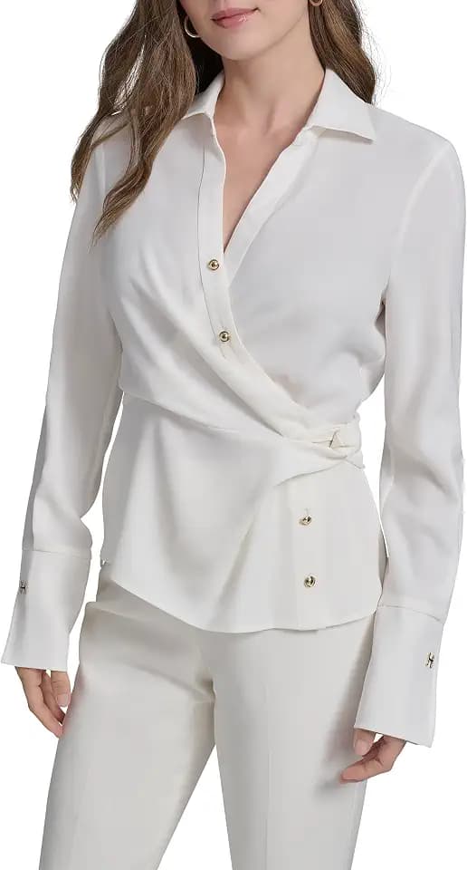 H Halston Womens Drapped Front Neck Blouse with Hardware