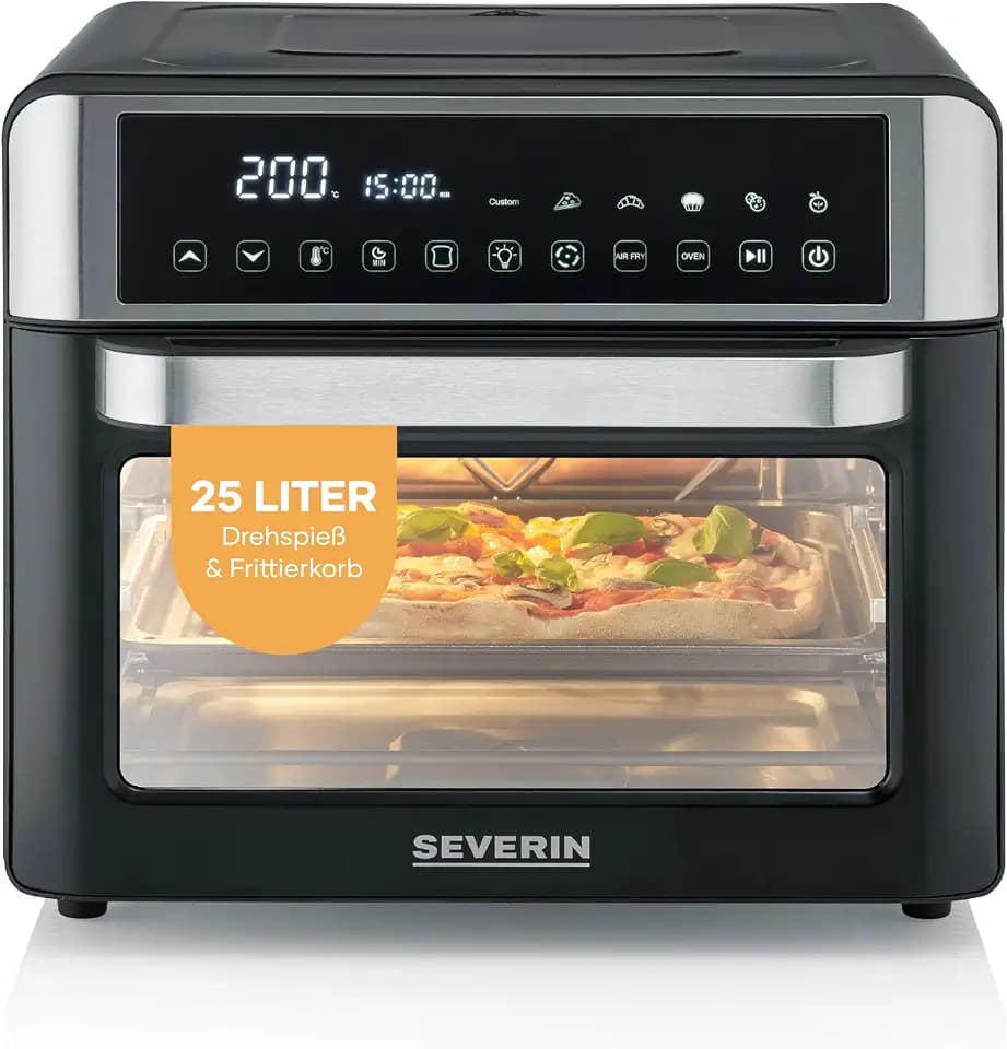 Severin 2-in-1 Toastofen & Heißluftfritteuse, Air-Fryer, 25L, 12 Auto-Programme, 2200W, mit LED-Display, Timer, inkl. Backblech, Grillrost, Frittierkorb, 40-220°C, schwarz-silber, TO 9579