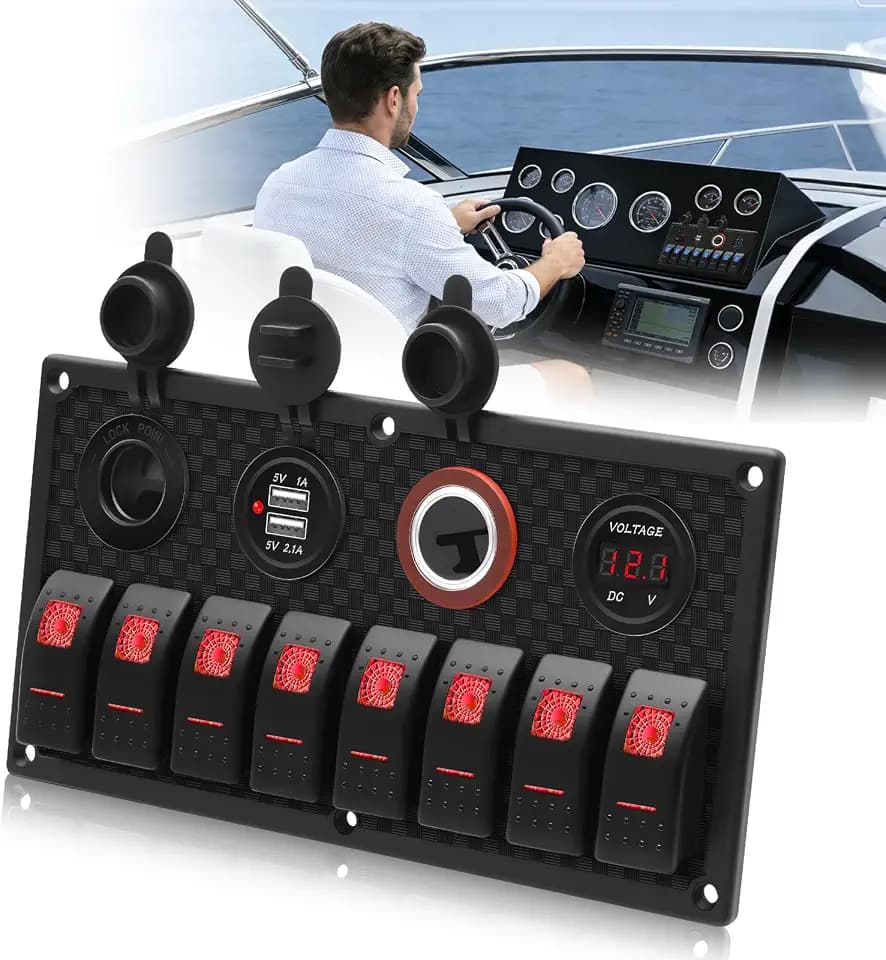 Geloo Marine Boat 8 Gang Toggle Rocker Switch Panel wasserdicht ON-OFF Zündschalter mit digitaler Spannungsanzeige 3.1A Double USB Ladegerät 12V Cigarette Lighter Sockel für Auto LKW Yacht