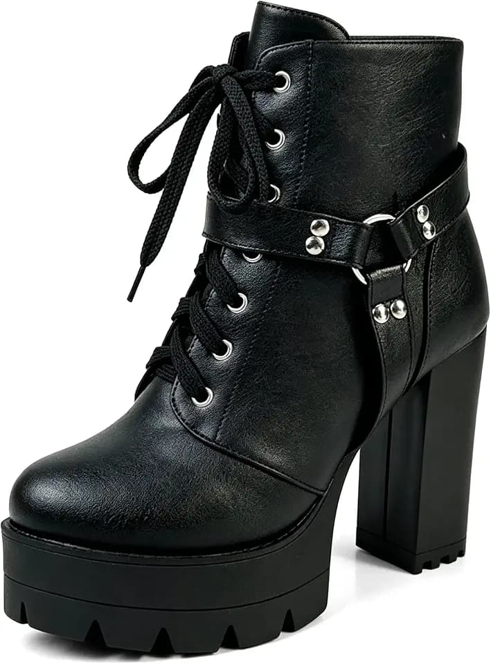 MEOTINA Goth Boots Women Platform High Heel Buckle Lace Combat Ankle Bootie