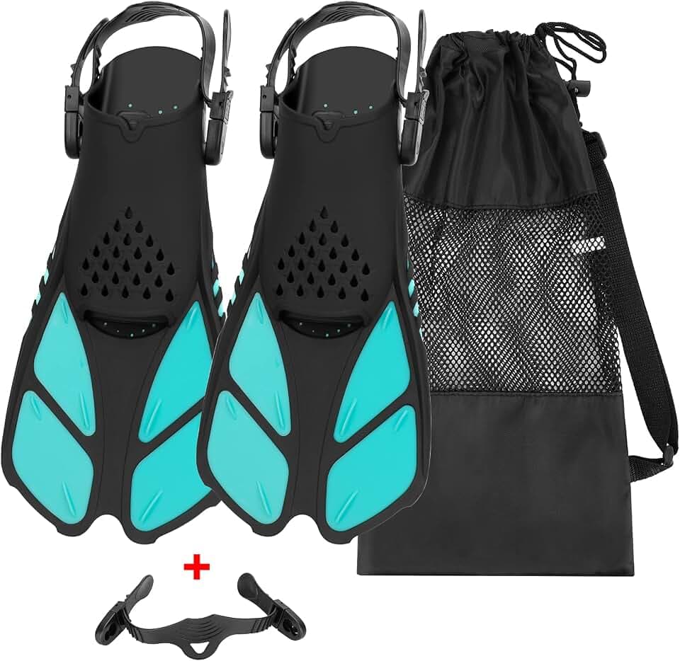 QKURT Snorkel Fins, Swimming Fins with Adjustable Buckles Open Heel, Diving Flippers for Men Women Youth Travel Size Short Fins for Snorkeling Diving Swimming