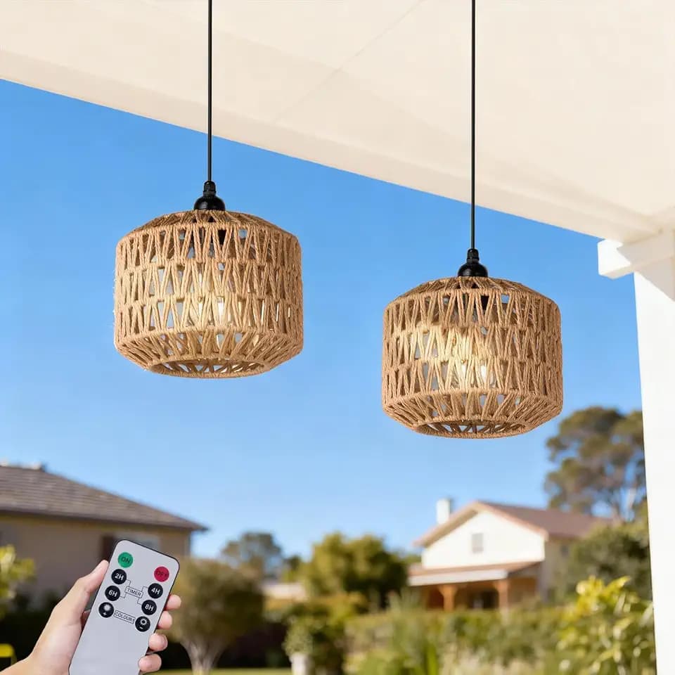 Battery Operated Outdoor Chandelier, Battery Power Hanging Pendant Lights, Woven Rattan Gazebo Light Outdoor Waterproof, for Gazebo, Pergola, Porch, Indoor Outdoor Decor Lighting (7.8")