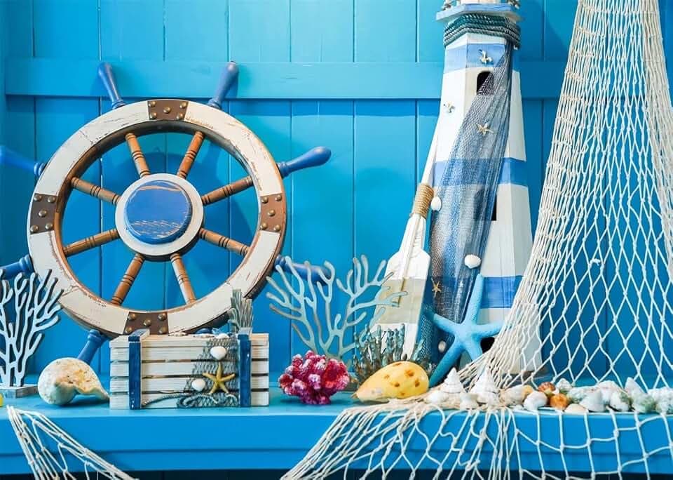 BELECO 8x6ft Fabric Nautical Backdrop Blue Wooden Wall Sailor Birthday Backdrop Sail Boat Steering Wheel Seashells Fishing Net Nautical Theme Baby Shower Birthday Party Decorations Studio Props