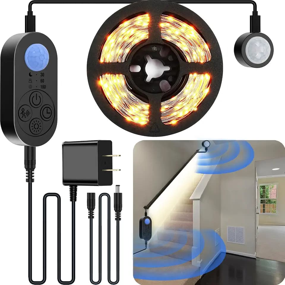 Dual Motion Sensor Light Indoor - Plug-in Motion Activated Step Light Strip with Double Motion Sensors, Dimmer, and Timer for Stairway, Bedroom, Corridor - Warm White 3000K, 16.4FT, 150 LEDs