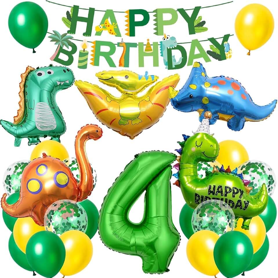 Dino Geburtstag Deko 4 Jahre, XXL Dinosaurier Deko Kindergeburtstag, Geburtstagsdeko Jungen 4 Jahre, Folienballon Dino 4 mit Happy Birthday Banner für Dinosaurier Party Kindergeburtstag