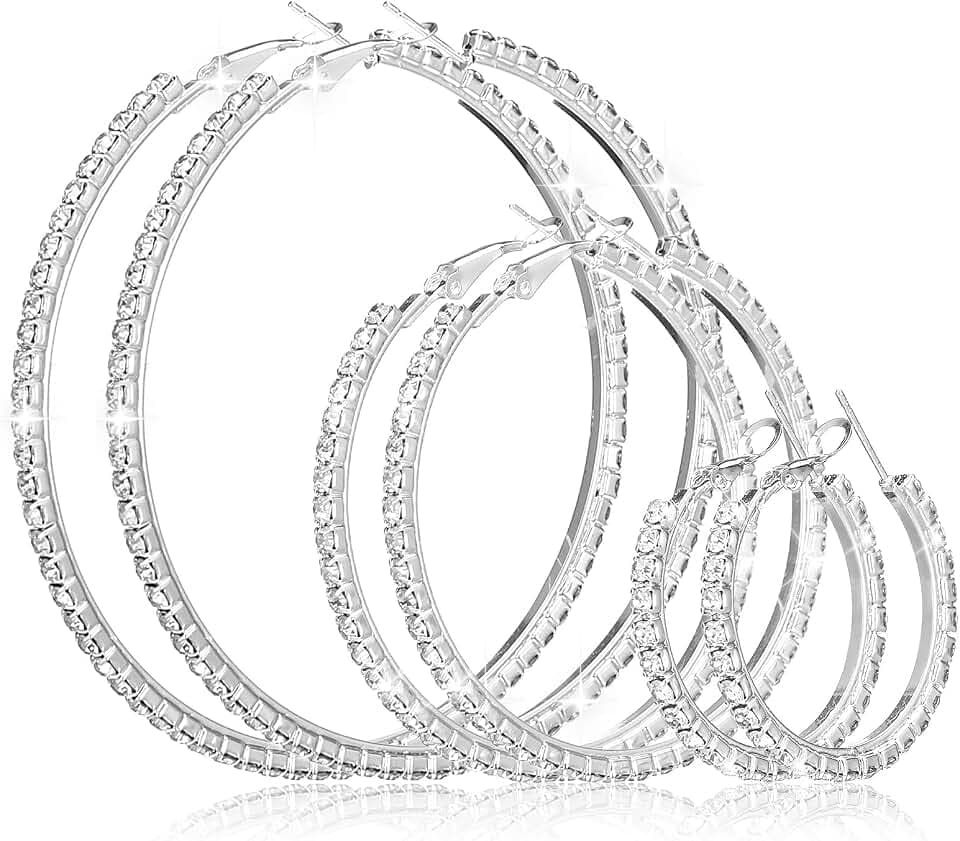 3 Pairs Rhinestone Hoop Earrings Set, 3/5/7 cm Shiny Round Party Lightweight Rhinestone Sparkly Hoop for Wedding Party Gift