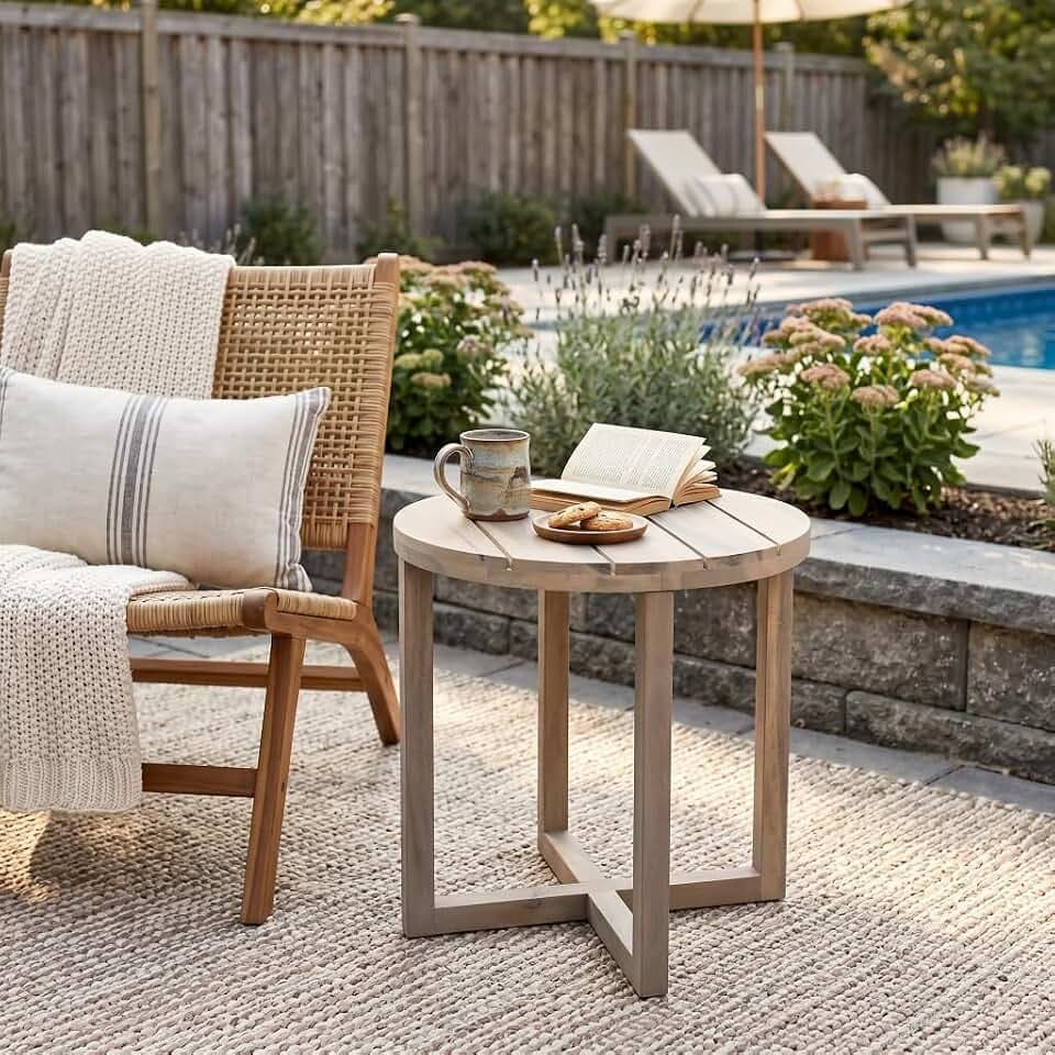 Merax Acacia Outdoor Wood Round Accent Side Table, Cross Base Design with Slat Detailing, Weather-Resistant, Light White