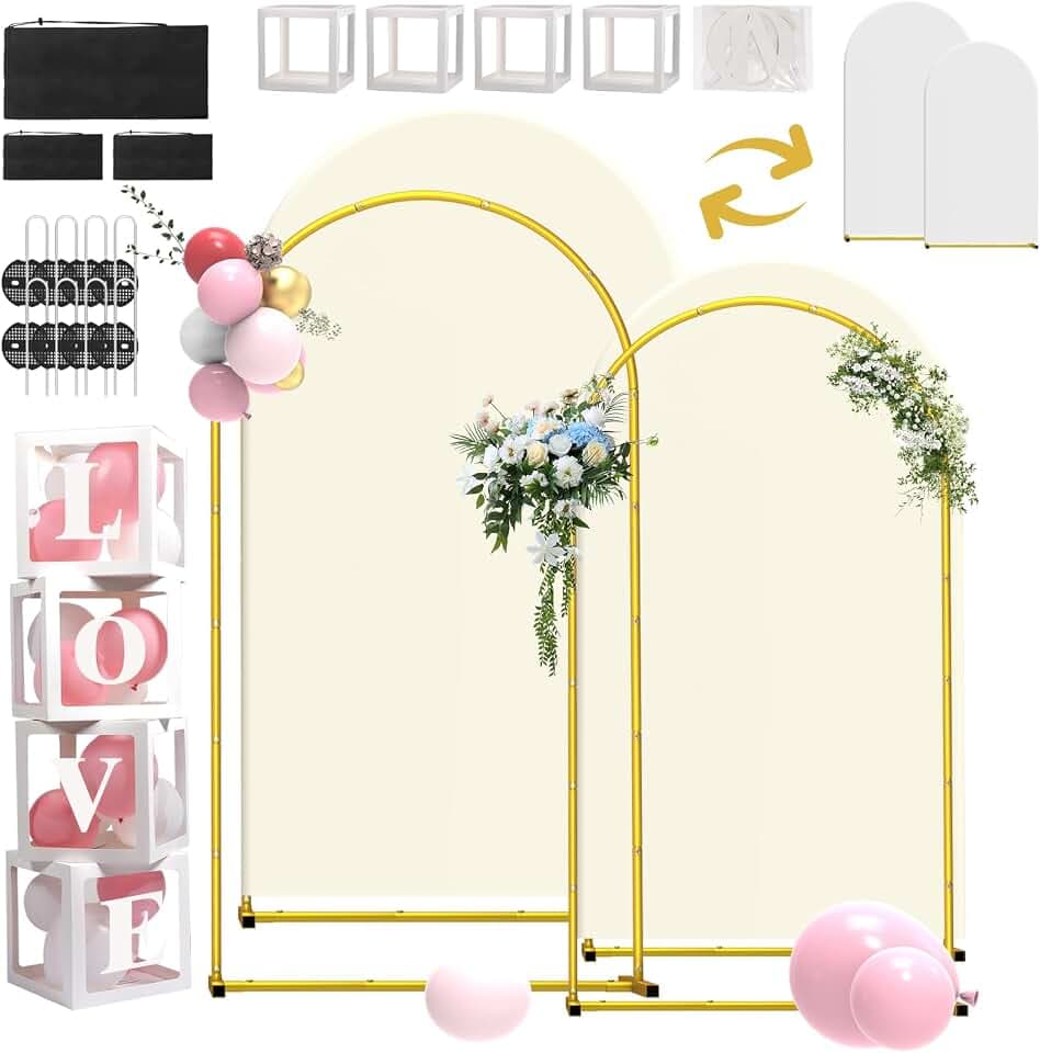 Wedding Arch Backdrop Stand and Covers Set of 2 (7.2FT & 6FT),Double-Color Spandex Fitted Arch Covers Balloon Arch Stand for Wedding/Baby/Shower/Birthday/Party Decor/Indoor Outdoor Use (White+Cream)