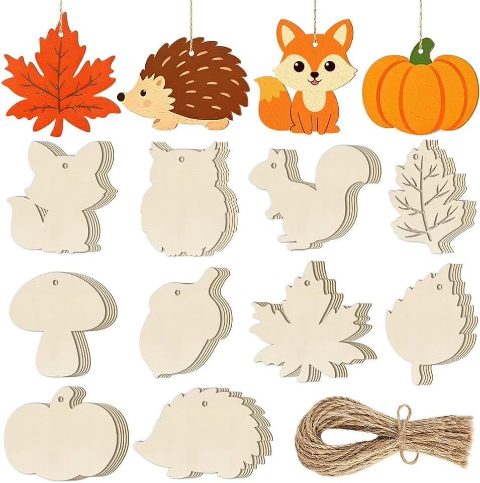 50 Stück Herbst Basteln,DIY Kinder Holzanhänger zum Bemalen 10 Stilen Bastelsets für Kinder mit Eichhörnchen Eule Igel Ahornblatt Herbst Anhänger Holz Dekoration Erntedankfest, Herbstdeko Geschenke