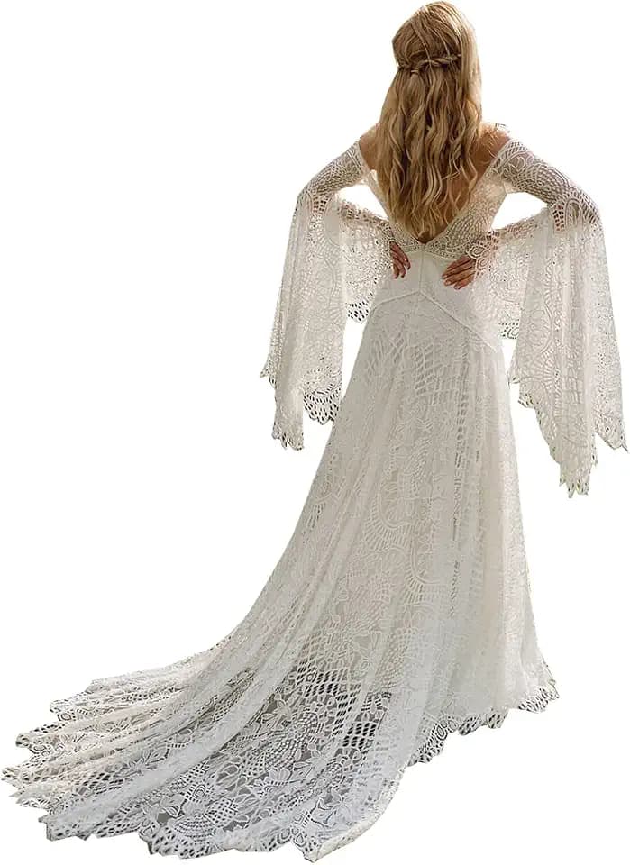 YMFFW Women's Boho Long Sleeve Lace Bohemian Beach Wedding Bridal Gown