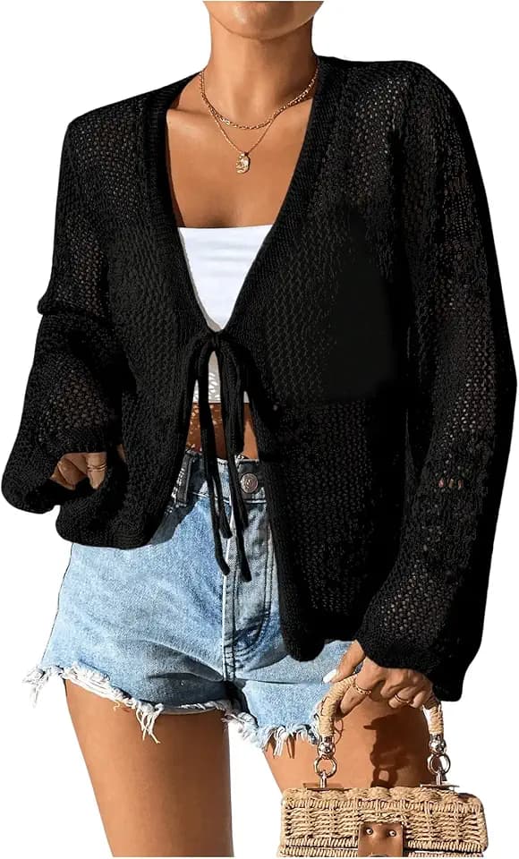 Floerns Women's Tie Front Crochet Lightweight Long Sleeve Cardigan Sweaters Boho Beach Hollow Out Lace Cover Up