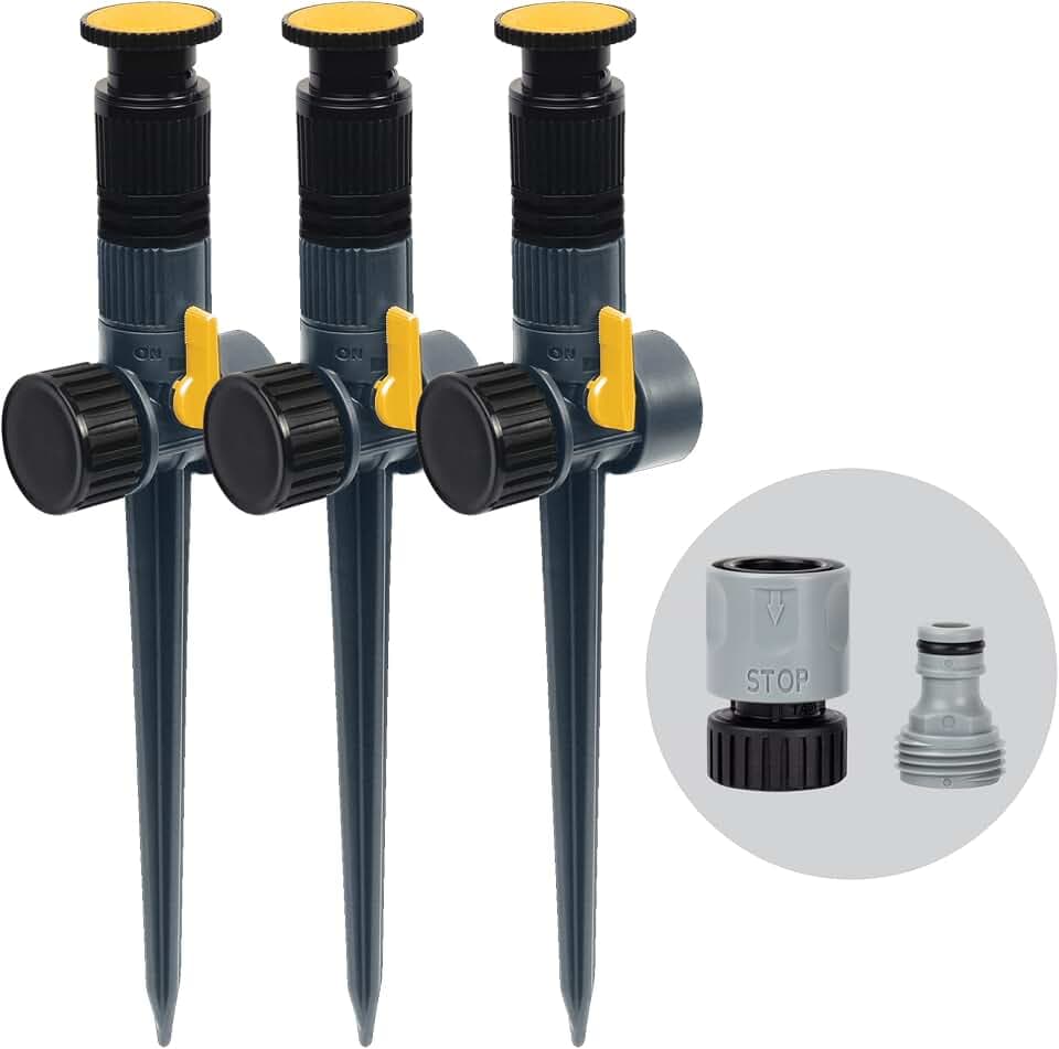 Melnor 65185AMZ Multi-Adjustable Spike Sprinkler Set, 3 Pack, Waters Up to 30 Ft. Diameter Each, Adjustable Angle Direction and Distance, Flow-Through Base, Quick Connect Bundle