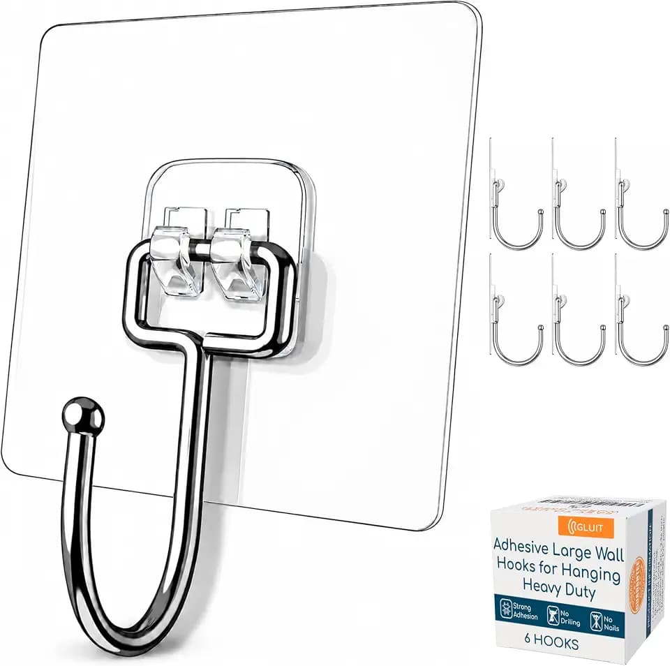 Adhesive Large Wall Hooks for Hanging Heavy Duty No Drill, 22 lbs, 6 pcs