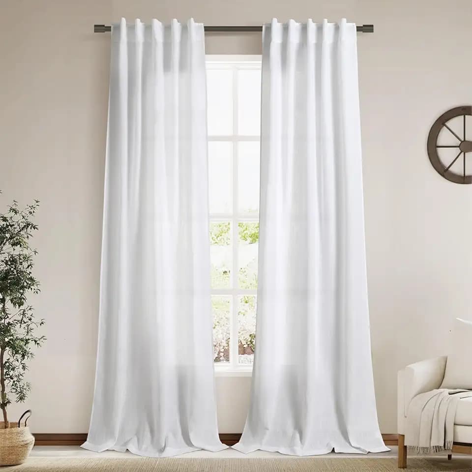 Linen White Curtains 108 Inches Long 2 Panels Set Back Tab Rod Pocket Semi Sheer Cotton Textured Light Filtering Extra Long Curtain Farmhouse High Ceiling Curtains for Living Room 9Ft 40x108