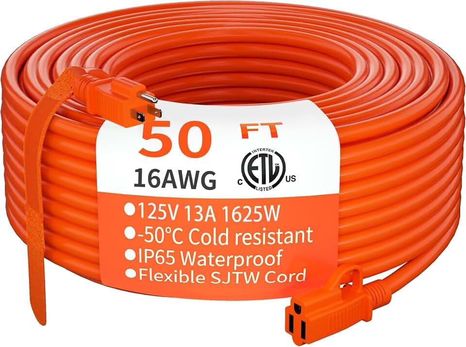 HUANCHAIN Indoor Outdoor Orange Extension Cord 50 FT Waterproof 16/3 Gauge