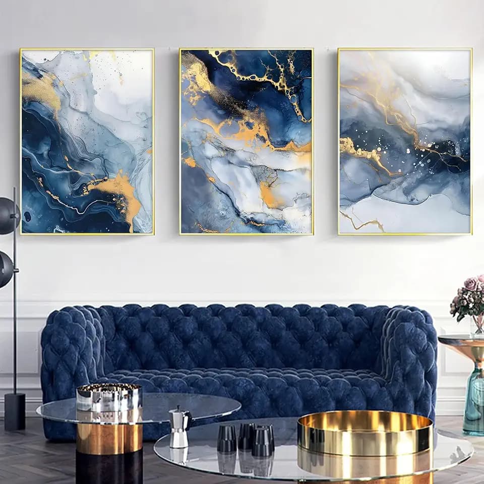 Taedfalesy Blue Marble Picture Blue and Gold Painting Abstract Marble Canvas Wall Art Modern Blue Artwork Abstract Blue White Gold Canvas Picture for Wall 16x24inx3 No Frame