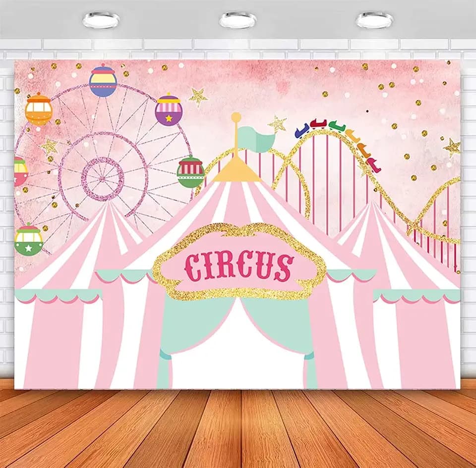 Sensfun Pink Circus Backdrop for Birthday Girls Pastel Tents Carnival Party Banner Glitter Ferris Wheel Photography Background Sweet Baby Shower Cake Table Birthday Decorations Photobooth (7x5ft)