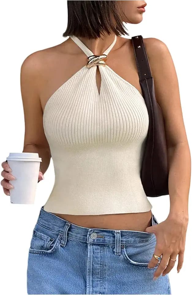 Verdusa Women's Knit Halter Tops Sleeveless Cropped Going Out Tops