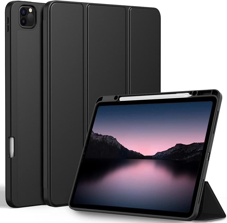EasyAcc Hülle für iPad Pro 12,9" 6/5/4/3 mit Stifthalter | Für 2022/2021/2020/2018 Model, TPU Rückseite mit Standfunktion,Auto Schlafen/Wachen,Schwarz