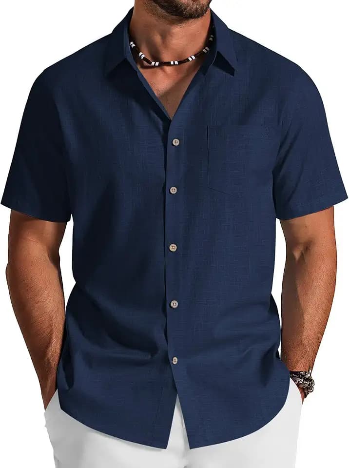 COOFANDY Men's Button Down Shirt Short Sleeve Cotton Casual Summer Shirts Beach Vacation Linen Shirts for Men