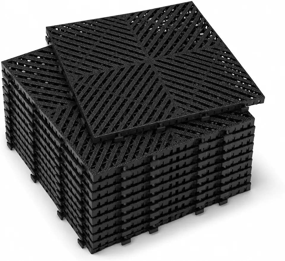 30-Pack 15.75" x 15.75" Interlocking Garage Floor Tiles, Heavy Duty Non-Slip Drainage Mats for Garage, Patio, Deck, RV, Campsite & Outdoor Use, Black