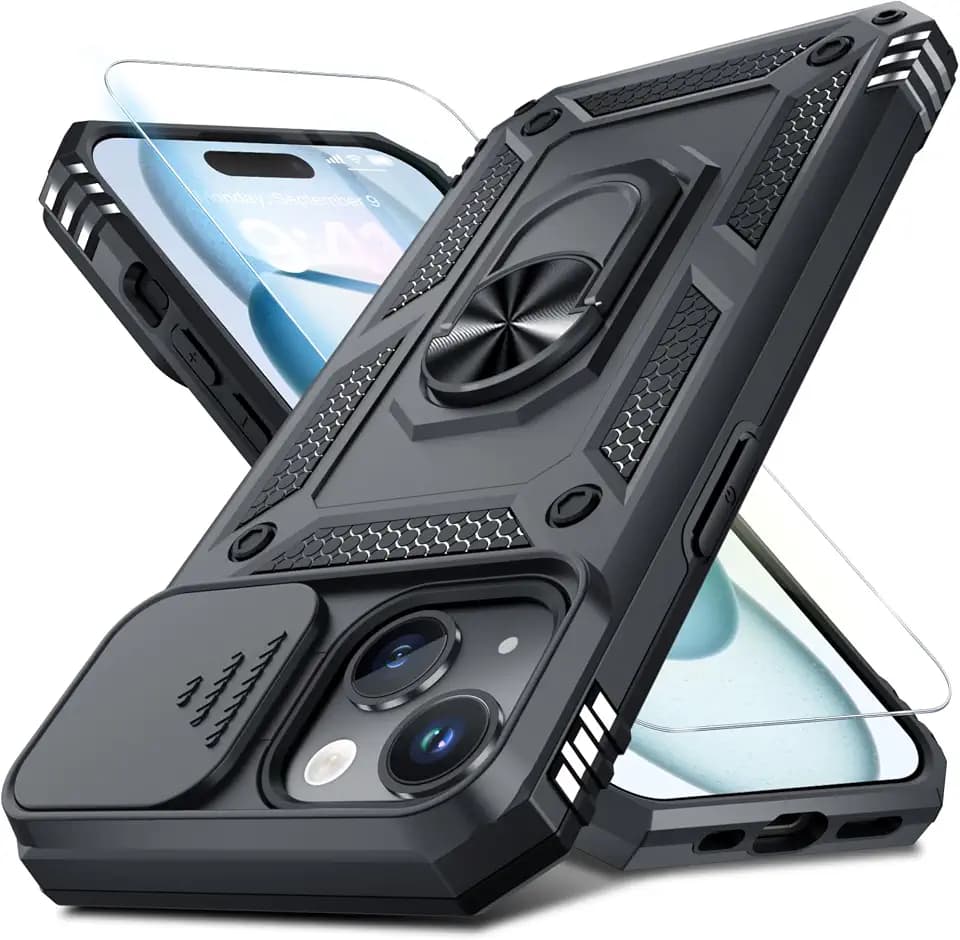 Janmitta for iPhone 15 Phone Case Built in Slide Camera Lens Cover Black