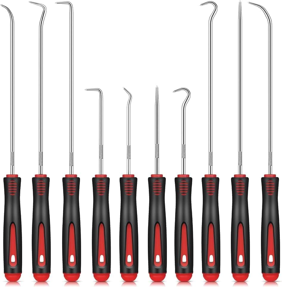 10-Teilig Pick und Haken Set Rot Wellendichtring Werkzeug 24 cm und 16,5 cm Haken Werkzeug Universal Präzision Haken für Öl-Ringe O-Ring Dichtung Auto Schläuchen Demontage Werkzeug